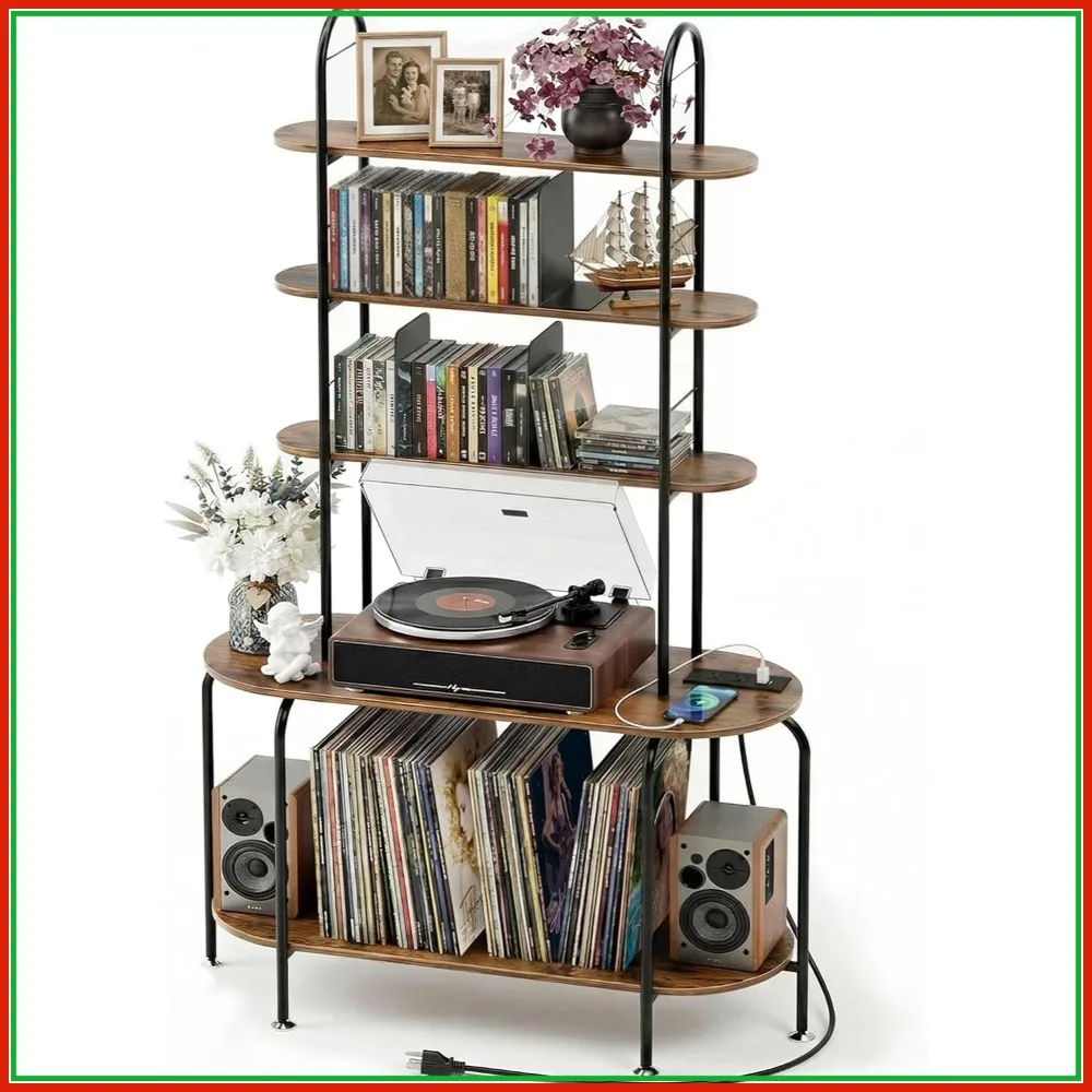 

5-Tier Turntable Stand with Storage, Charging Station & Adjustable Book Stoppers for CDs, Vinyl Records, Books