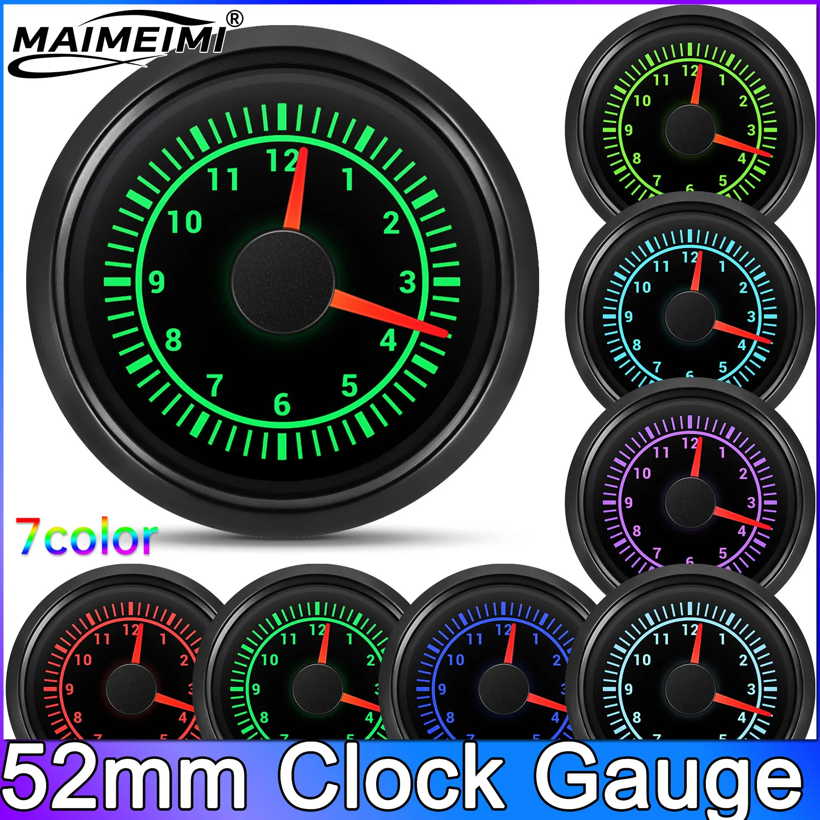 

7 Colors Backlight Clock Gauge 52mm 12 Hours For Yachts Cars Boat Truck Waterproof Clock Meter Car Gauges 9-32V