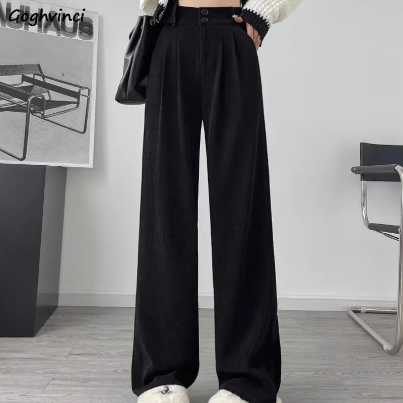 

Corduroy Plus Fleece Casual Suit Pants Women Wide-leg New Y2K Buttons Solid Color Autumn Winter High Quality All-match Thicker