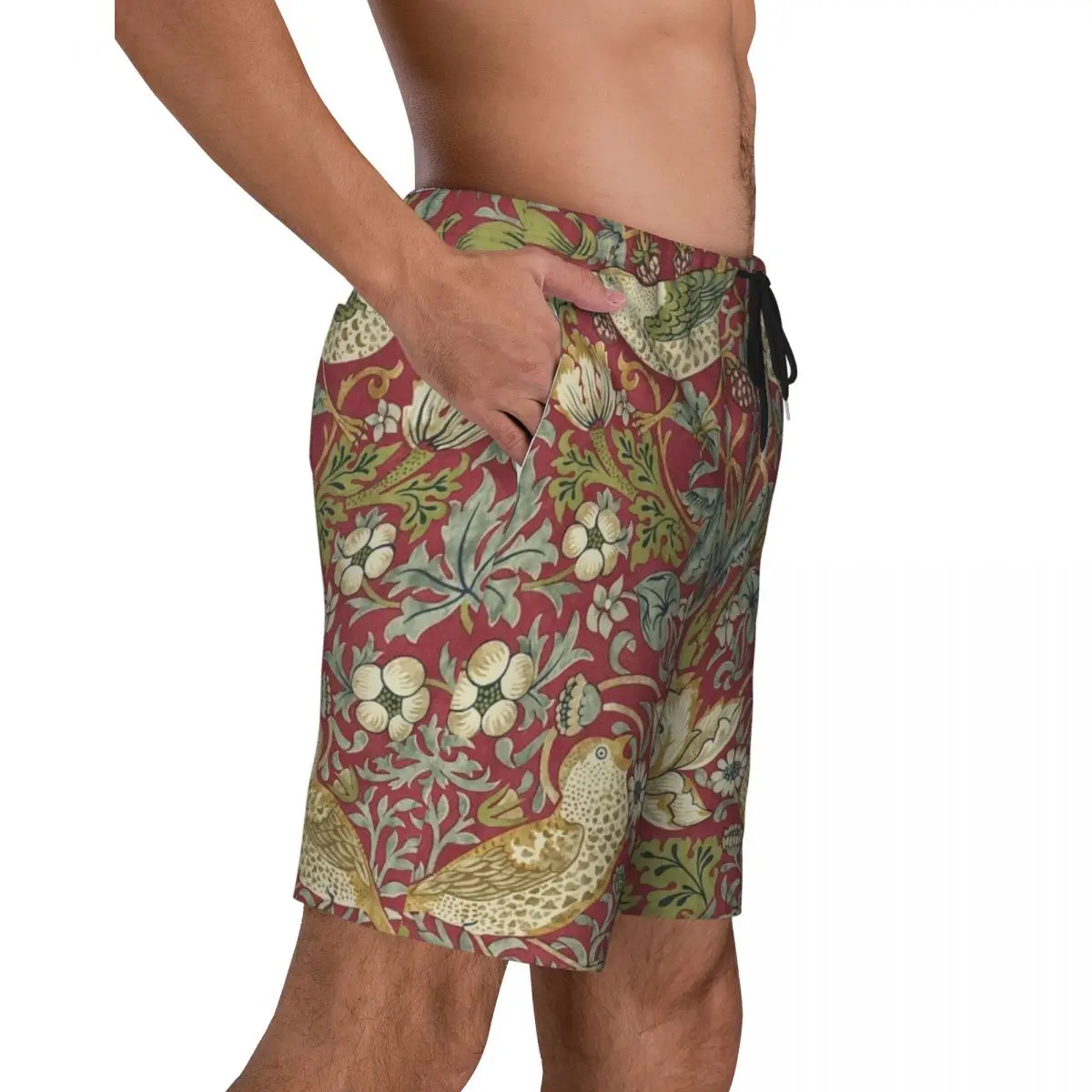 William Morris Quick Dry Swim Trunks, Boardshorts de natação, Padrão Floral Têxtil, Shorts praia, Morango, Ladrão, Red Swimwear