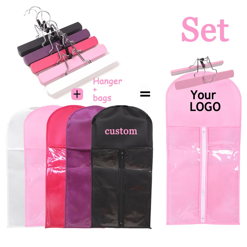 5Sets Custom Hair Packaging With Wooden Hanger Personalized Brand Wig Bags Organizer Hanger With Zip Up Closure Wig Storage Bag