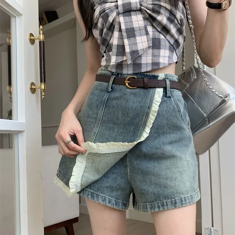 

New Lace Denim Skirts Shorts Women's Summer High-waisted Slim Culottes Patchwork Design Retro Blue A-line Girls Short Jean Pants