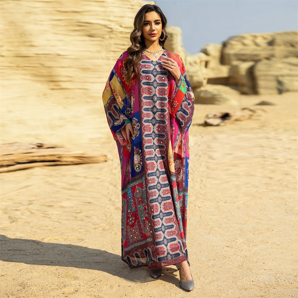 Eid Women Dress Print Diamond Bat Sleeve Caftan Muslim Party Robe Ramadan Morocco Dubai Kaftan