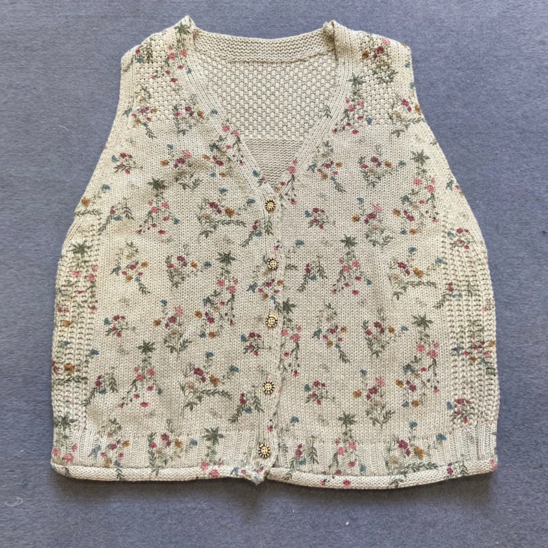 Johnature Mori Sleeveless Print Vests 2024 Autumn Winter New Vintage Knitting V-neck All Match Japanese Cotton Women Vests