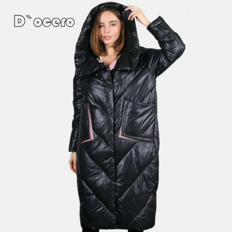 D`OCERO 2022 Fashion Loose Women\'s Winter Down Jacket Hooded Warm Winter Coat Large Size Parkas Female Big Pockets Long Overcoat