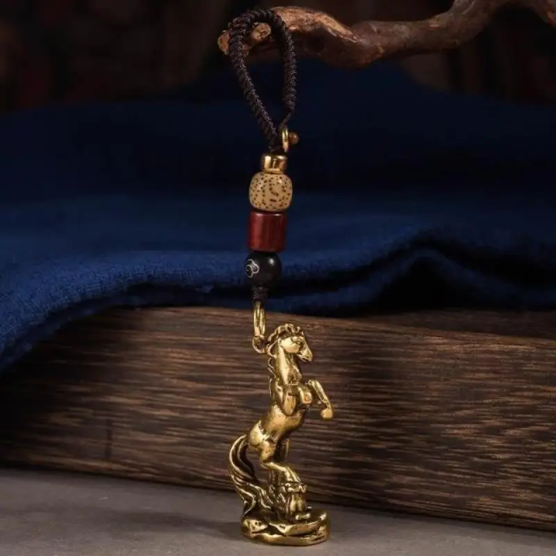 Porte-clés cheval Miniature en laiton massif, pendentif signes du zodiaque chinois, artisanat, décoration DIY, animaux, 1 pièce