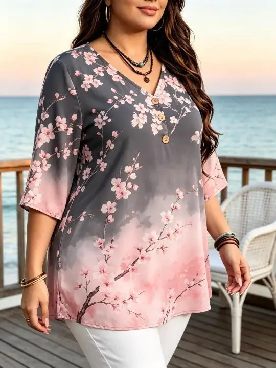 Plus Size Women Floral Print Blouse V‑Neck 3/4 Sleeve Buttons Half Placket Loose Casual Daily Spring Top
