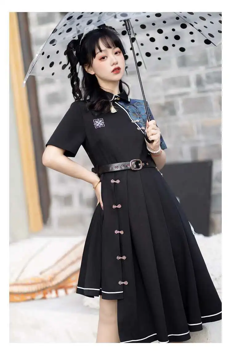 

New Hanfu Womens Guofeng Improve Daily Han Elements Antiquities T-shirt Black Dress Ancient Costume Long Sleeves Skirt Women