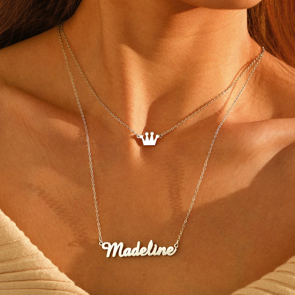 

Personalized Customized Name Necklace Stainless Steel Crown Double Layer Collarbone Chain Ladies Luxury Jewelry Birthday Gift