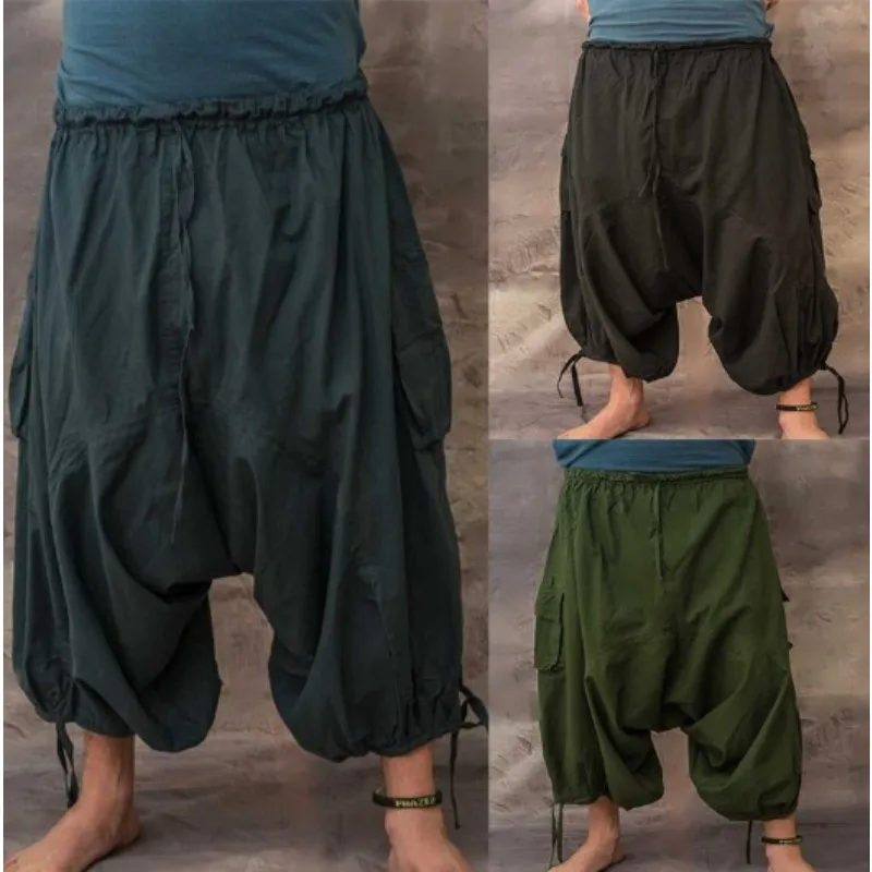 Pantalones de siete minutos para hombre, ropa informal holgada con múltiples bolsillos, algodón y lino, Color sólido, pantalón cruzado, estilo callejero Hip Hop, diseño Punk