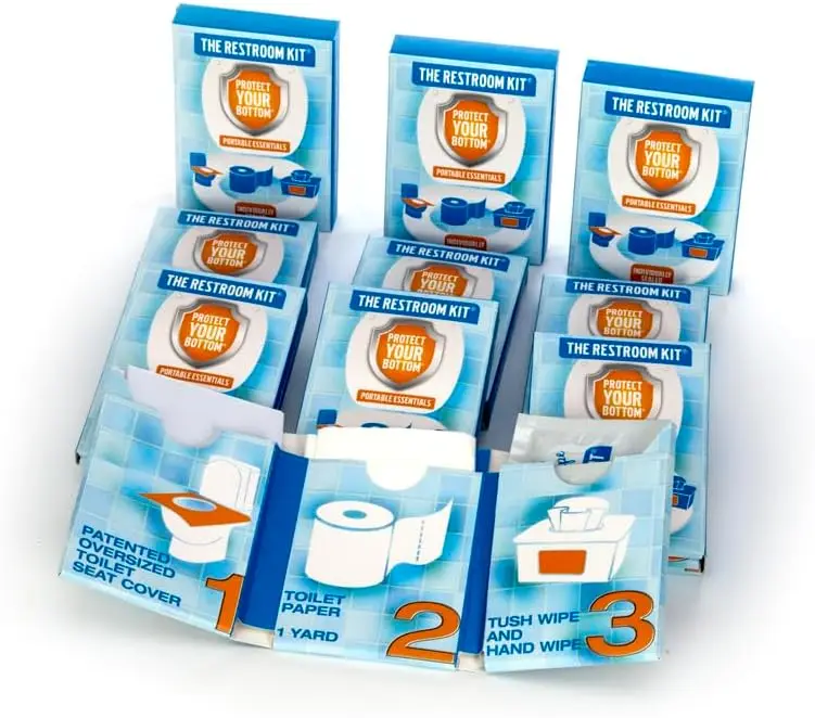 

Travel Toilet Kit: 12-Pack Disposable Seat Covers, 3ft 3Ply Paper & Flushable Wipes