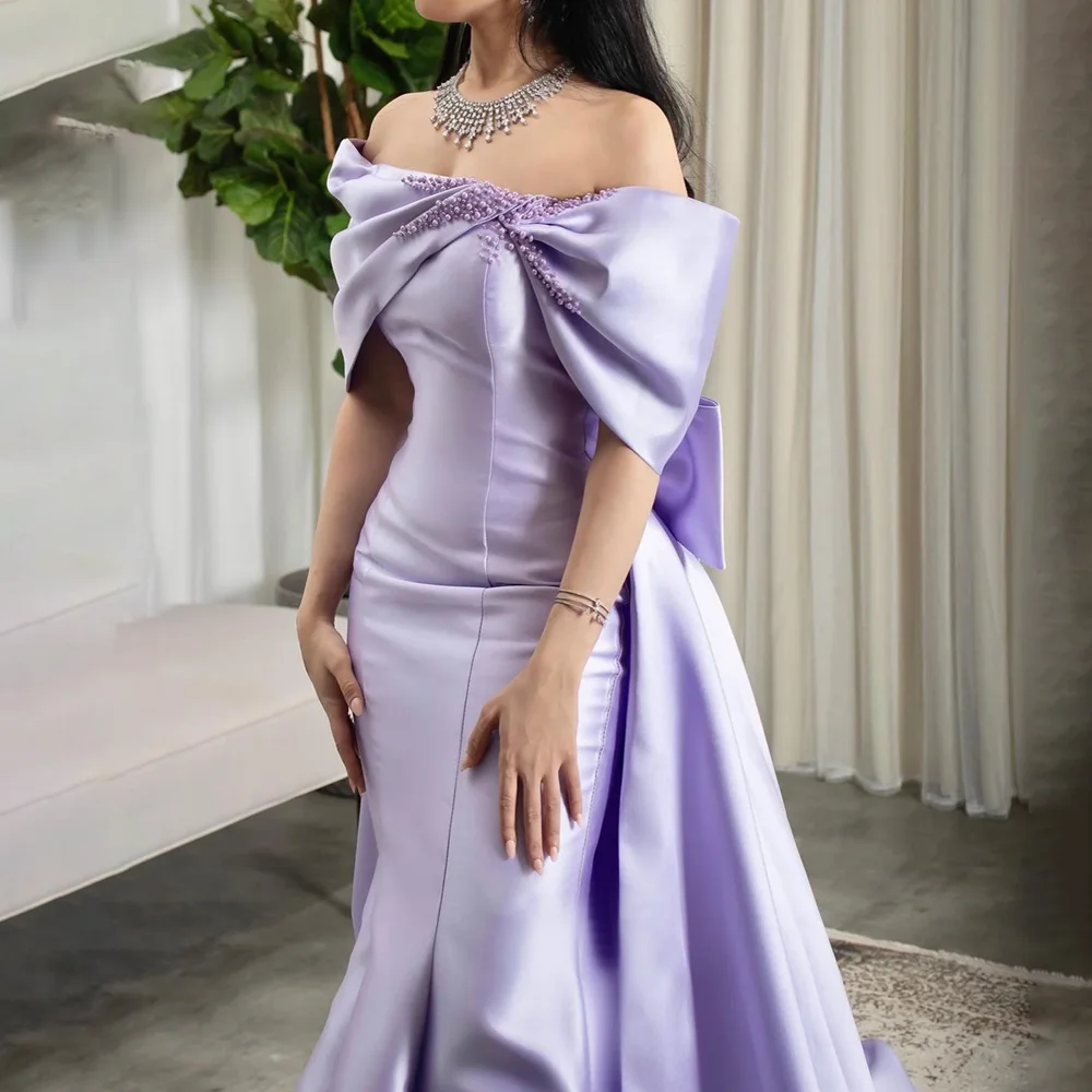 Lavender Pearls Evening Dresses Fashion Off The Shoulder Beads Mermaid Prom Gowns Elegant Draped Sweep Train Party Dresses