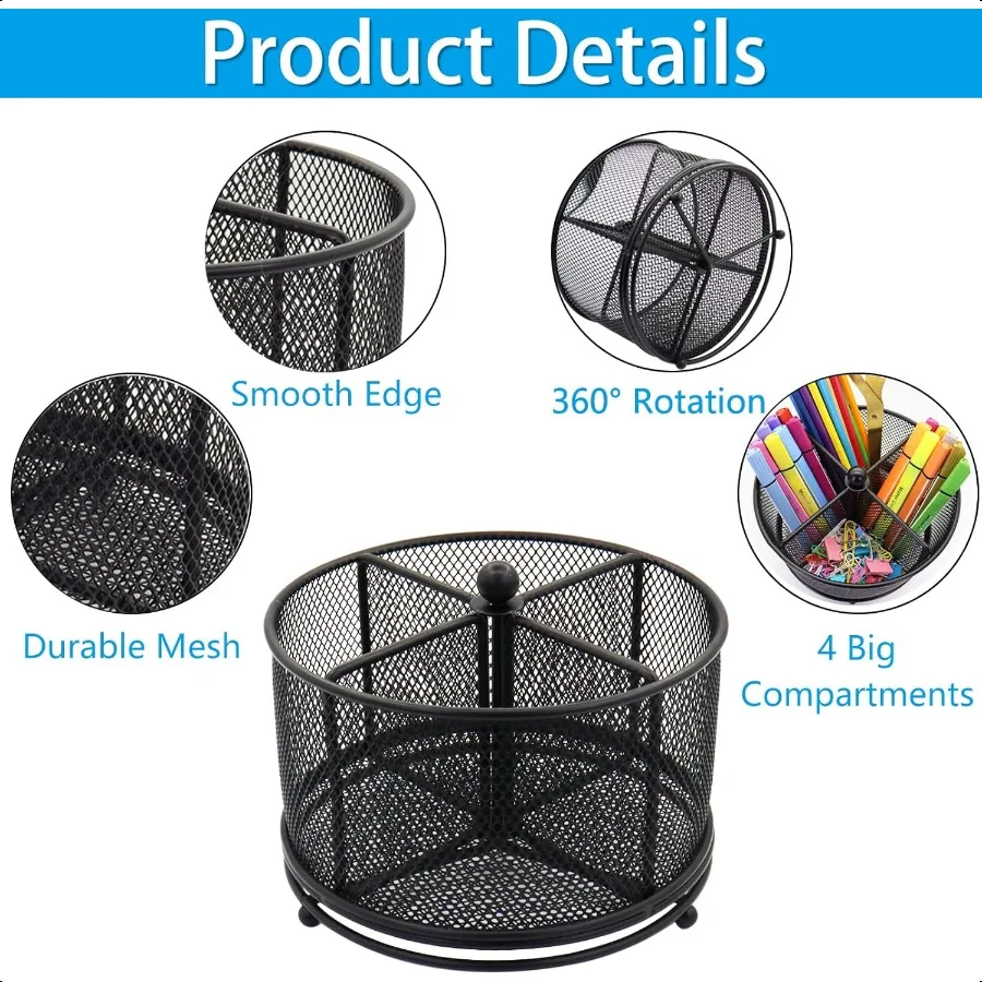 حامل قلم للمكتب 360 الدورية شبكة قلم رصاص المنظم علامة تخزين العلبة أسود سعة كبيرة منظم قرطاسية سطح المكتب 4