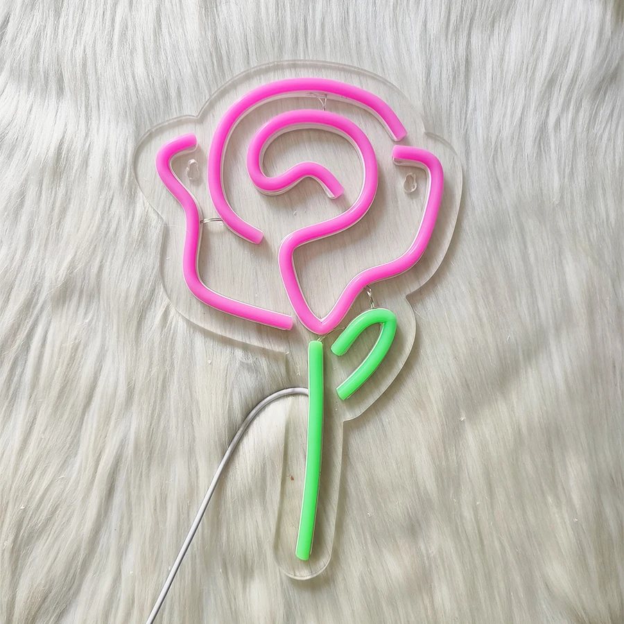 لافتة نيون LED على شكل زهرة، وردة وردية مع أيقونة جذعية خضراء، تستخدم لغرفة النوم، والإكسسوارات المنزلية، ومتجر الزهور، والحفلات، وديكور العطلات. #6