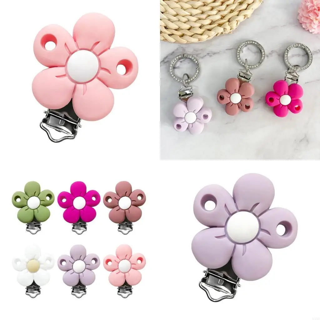 

L5YF Drop Proof Pacifier Holder With Secure Clamp Soft Silicoen Flower Charm Design For Pacifiers Toy