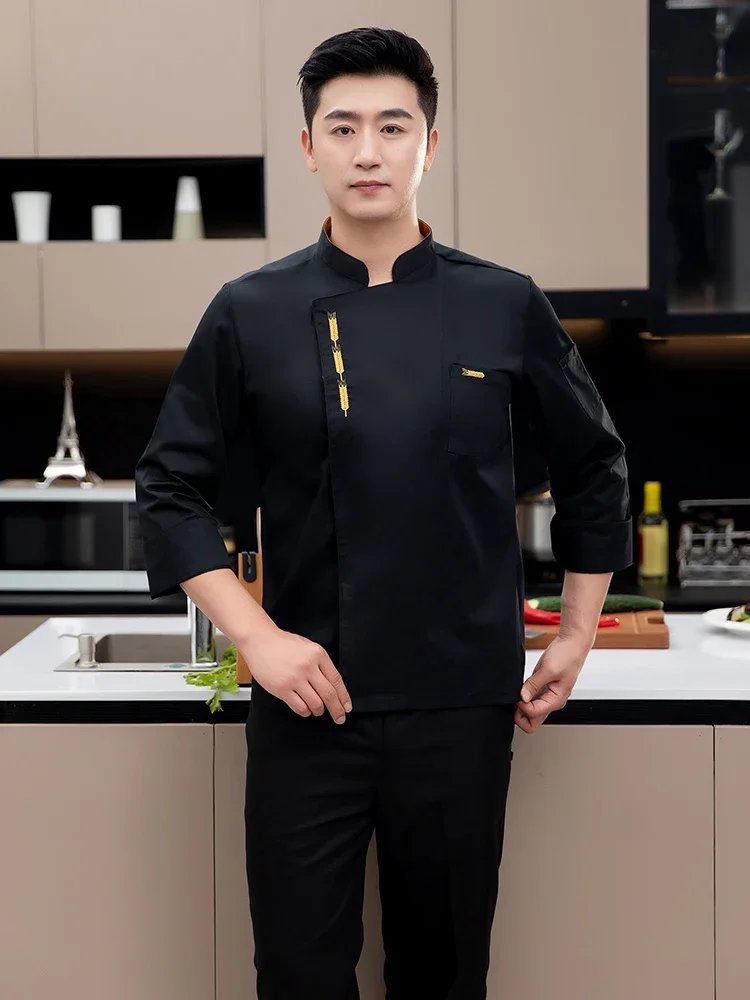 Uniforme da cuoco giacca da cucina a maniche lunghe nera abbigliamento da Hotel maglietta da cuoco Baker cameriere uniforme da lavoro ristorante cuoco cappotto