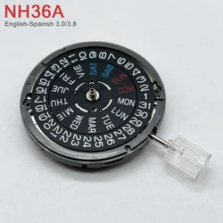 Japan Genuine NH36 Movement English-Spanish Datewheel Crown at 3.0/3.8 O'clock Mod NH36A Day-Date at 3:00 Black/White Disc 4R36A