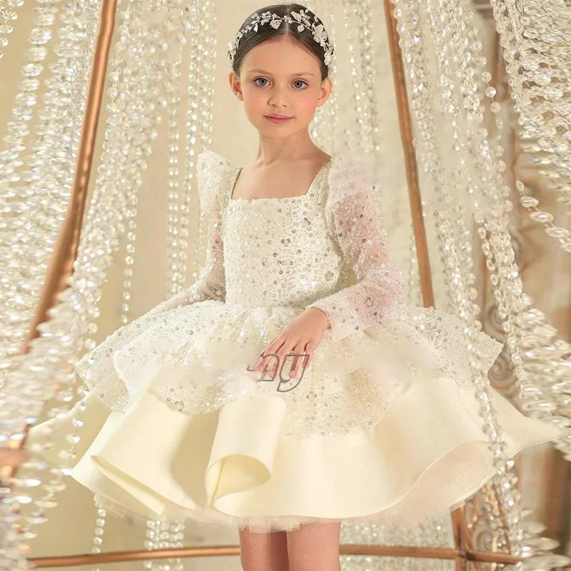 Girls Sequins Dress Princess Birthday Party Wedding Tutu Bow Long Sleeve Puffy Tulle Gown for Kids Costume Baby Baptism