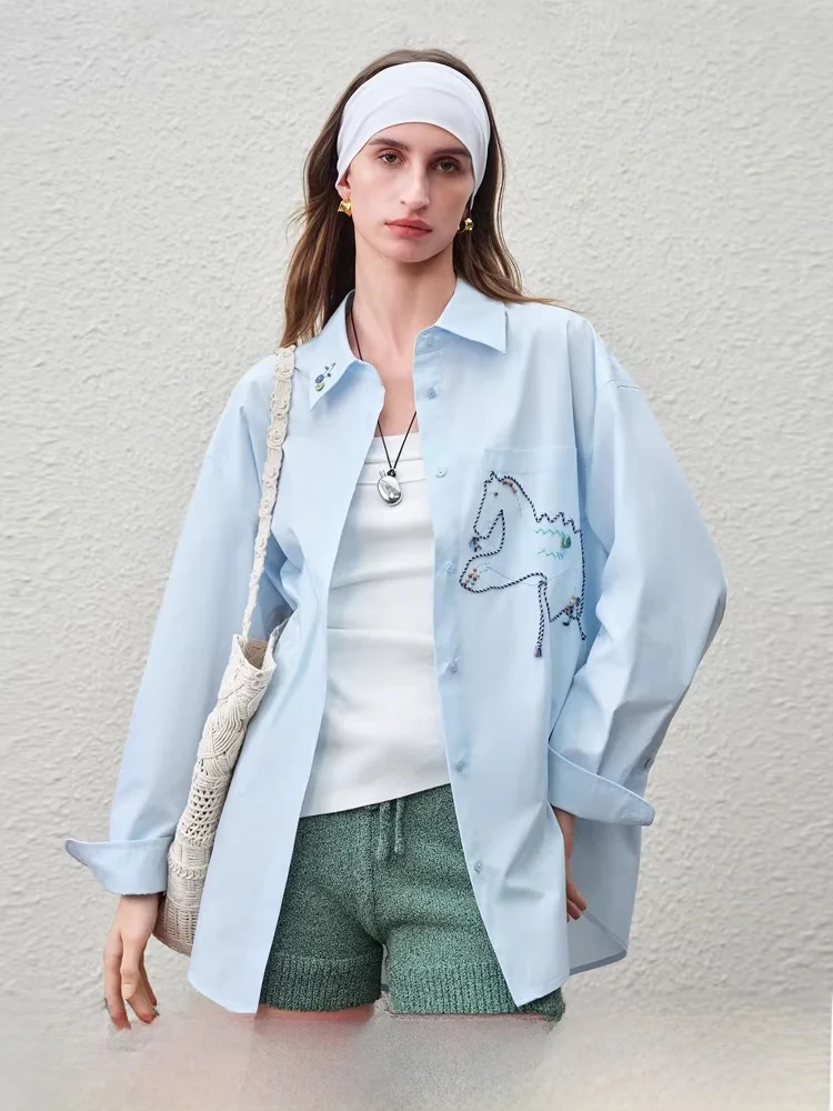 

Женская хлопковая рубашка с длинным рукавом и вышивкой, серия Van Slane, дизайн Cy, приятная для кожи, дышащая, модная.