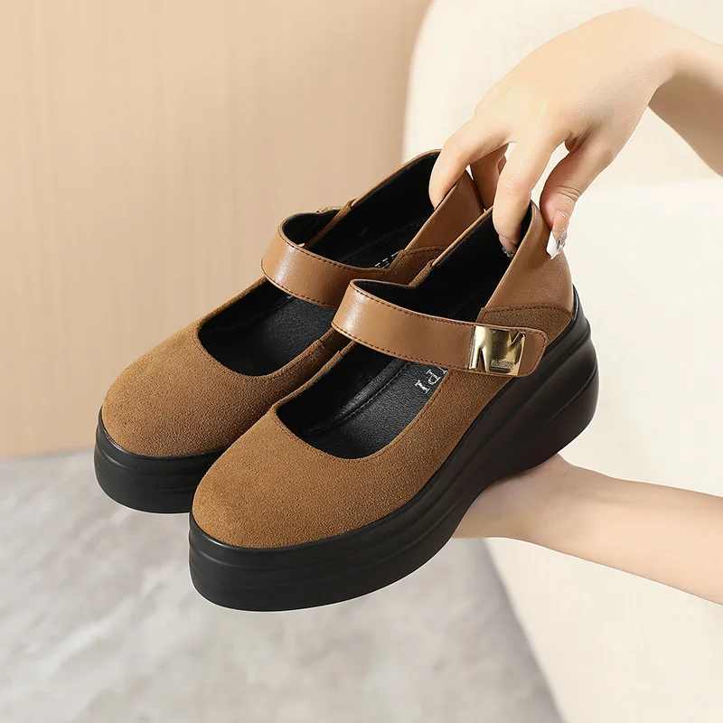 GKTINOO Cow Suede Leather Female Thick Sole Wedges Shoes Women High Heel Shoes 2024 Autumn Ladies Casual Platform Shoes