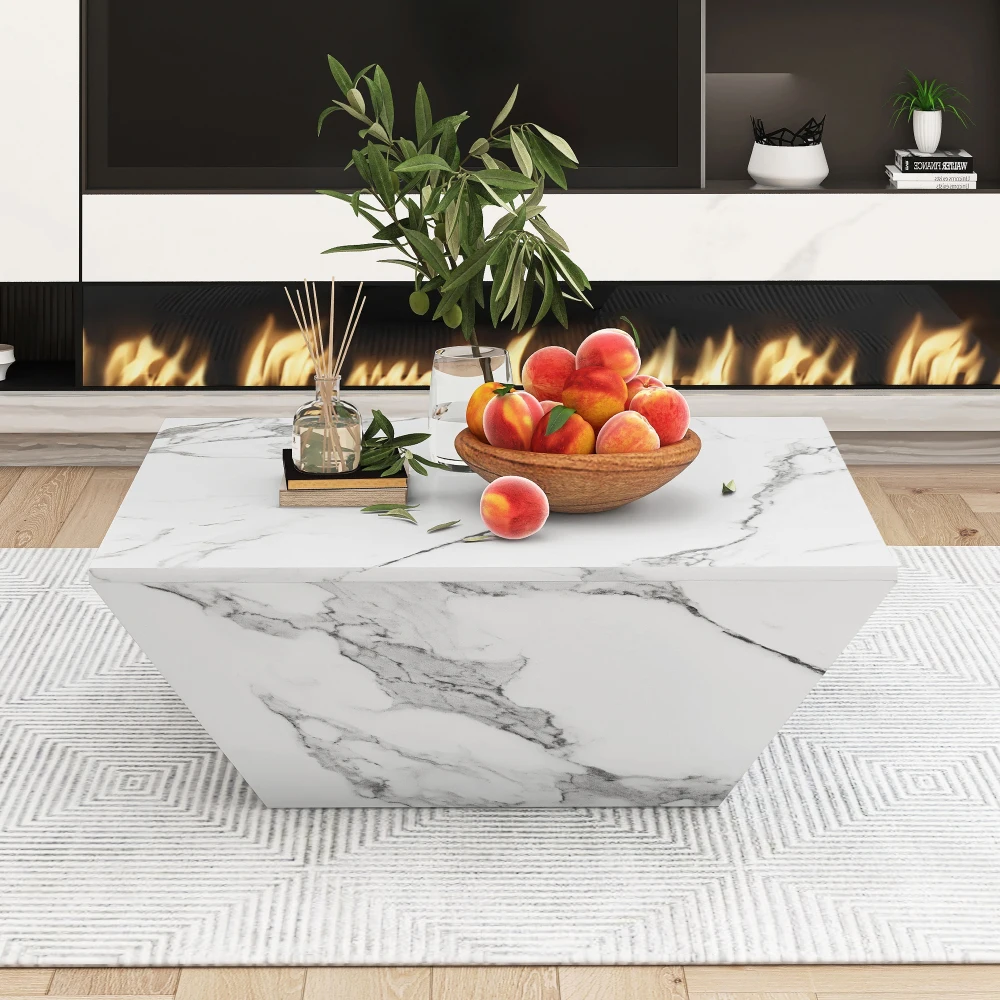 Mesa de centro moderna con forma de tambor, mesa de centro trapezoidal con chapa de mármol blanco, mesa de salón 70*70*37cm