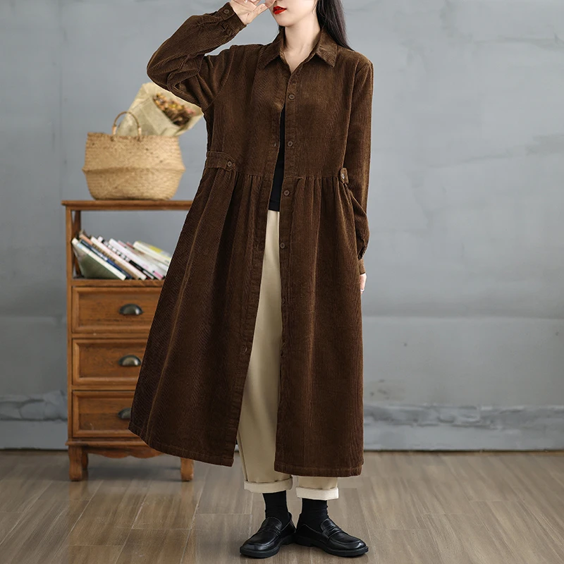 معطف نسائي طويل من القطيفة المضلعة بأسلوب عتيق، فضفاض ومخطط، معطف خارجي بزر واحد للخريف والشتاء، أزياء خارجية عصرية #2