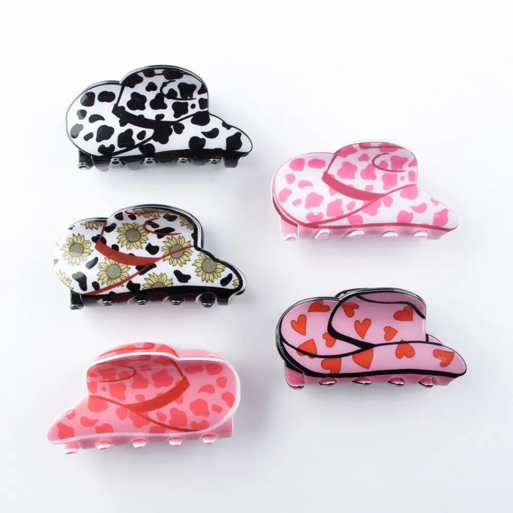 Cute Cap Shape Cowboy Hat Hair Claw Leopard Printed Flower Plastic Hair Clip Heart Festival Headdress Female