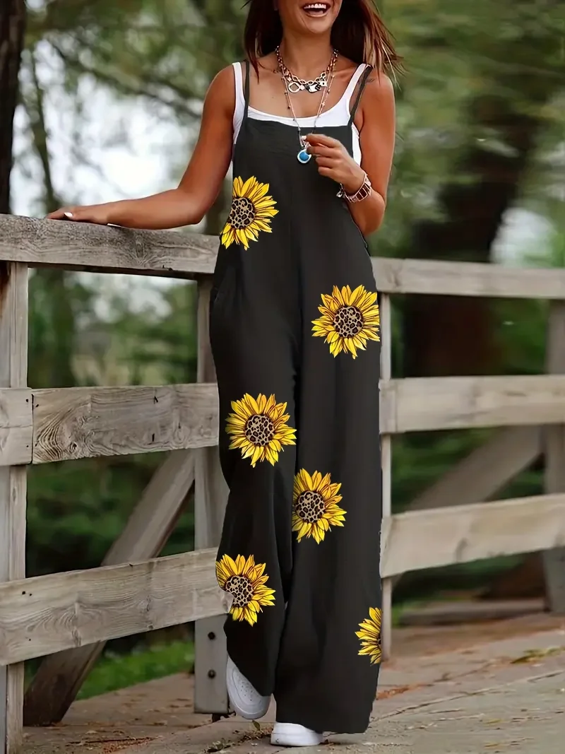 Women\'s Sleeveless Jumpsuit with Suspender Loose Casual Pocket Monochromatic Summer