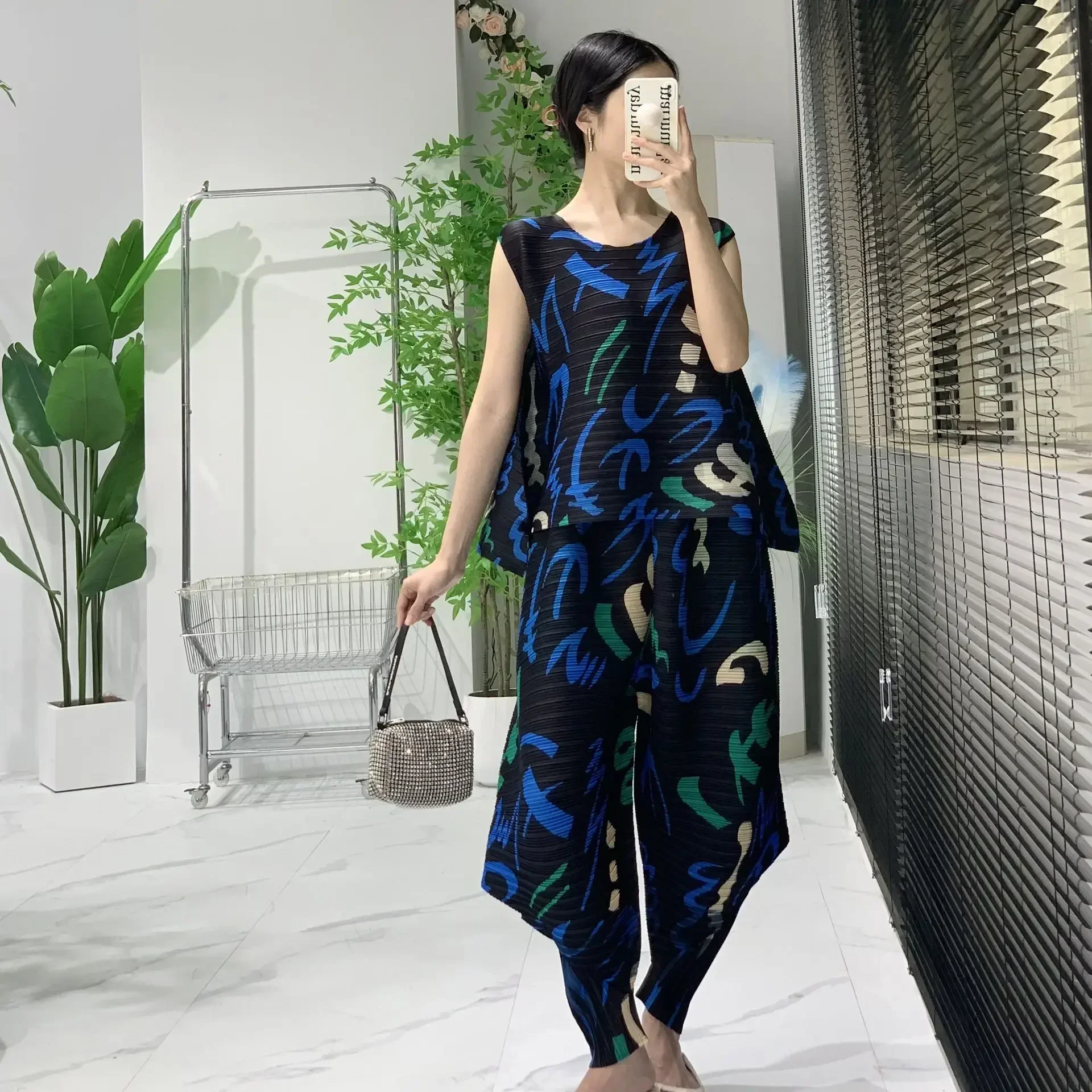 ALSEY Pleated Pants Suit Women's 2024 Summer New Fashion Print Suit Personalized Casual Fashion Top Harem Pants Two-piece Set