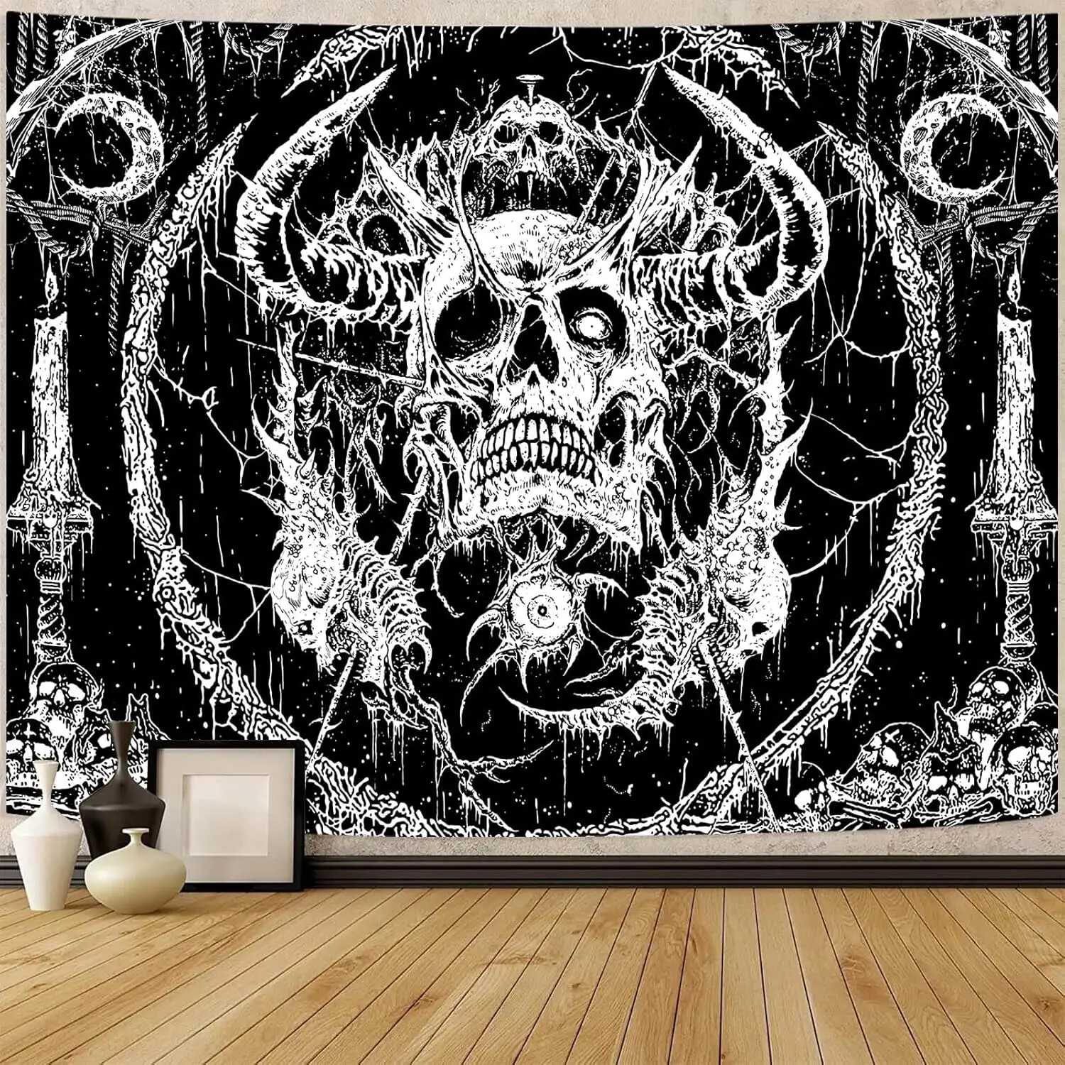 Gothic Horned Demon Skull Tapestry, Black White Occult Moon Candle Wall Hanging for Bedroom Living Room, Dark Aesthetic Home