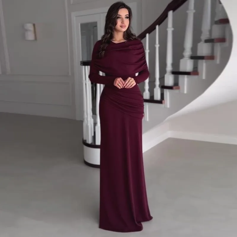 

SKMY Solid Color 2025 Autumn New Women Clothing Round Neck Folded Hight Waist Dress Party Clubwear Long Sleeve Elegant Dress