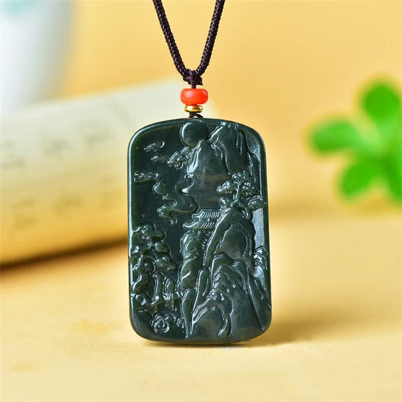 

Natural Taqing Hetian Jade Landscape Ping 'an Simple Joker Pendant Jewelry for Men and Women