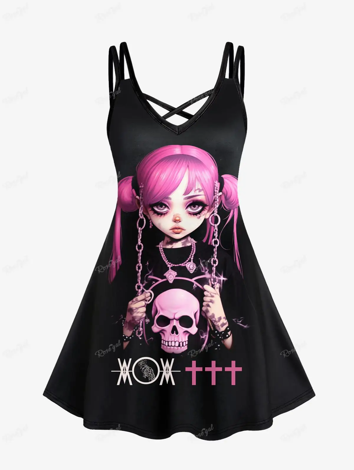 Plus Size Women's Dresses Cartoon Girl Skull Cross Chain Printed Crisscross Cami Dress Bestie Tattoo Graphic Casual Vestidos