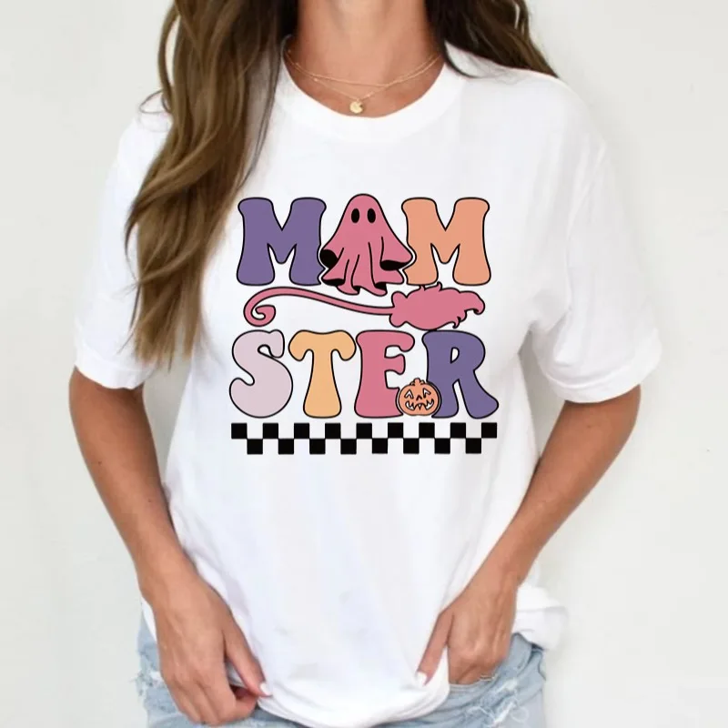 

Retro Halloween MAM STER T-Shirt, Unisex Cotton Crewneck Tops, Spooky Checker Party Outfit Custom Logo