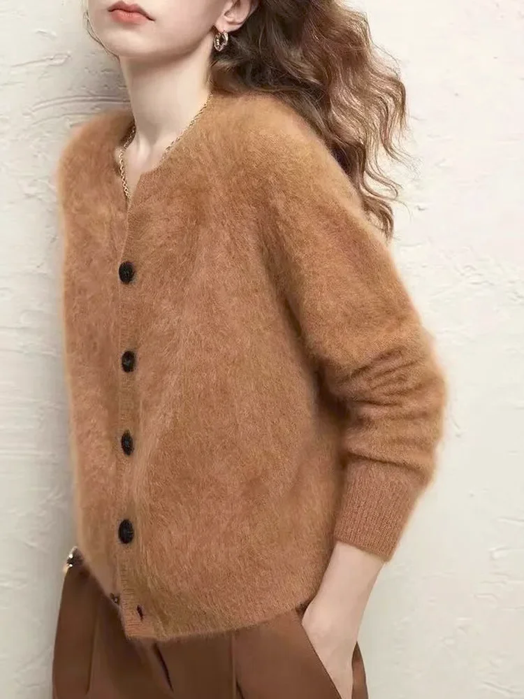 NEW Mink Cashmere Cardigan Round Neck Knit For Women Fluffy Angora Sweater Winter Oversize Top Coat Free Shipping W289