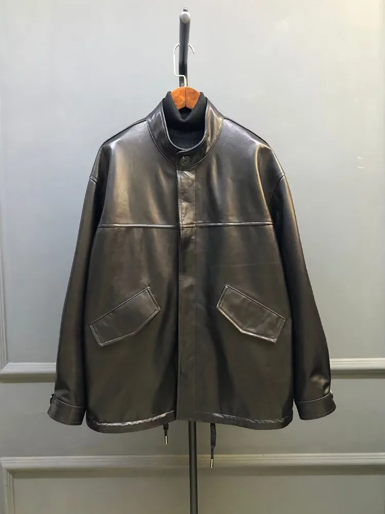 Chic หญิงฤดูใบไม้ผลิฤดูใบไม้ร่วงหลวม Fit ของแท้หนัง Casual Retro Coats หนังแกะแท้สไตล์เกาหลี Stand Collar Jacket