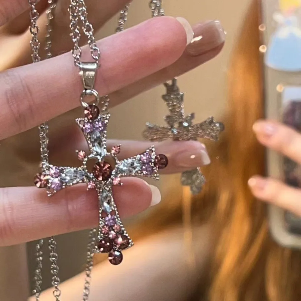 Y2K Gothic Cross Necklace for Women Shiny Zircon Crystal Pendant Clavicle Chain Punk Retro Sweet Girls Jewelry Accessories Gifts