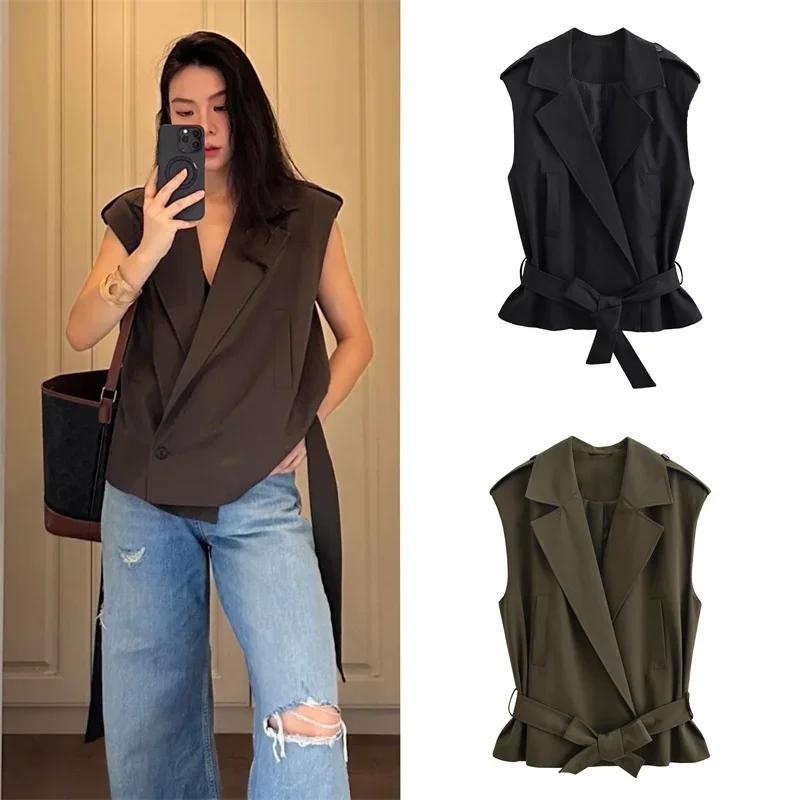 

NERHEFZ женский жилет с поясом, модный осенний женский жилет без рукавов, женские топы, уличный женский топ