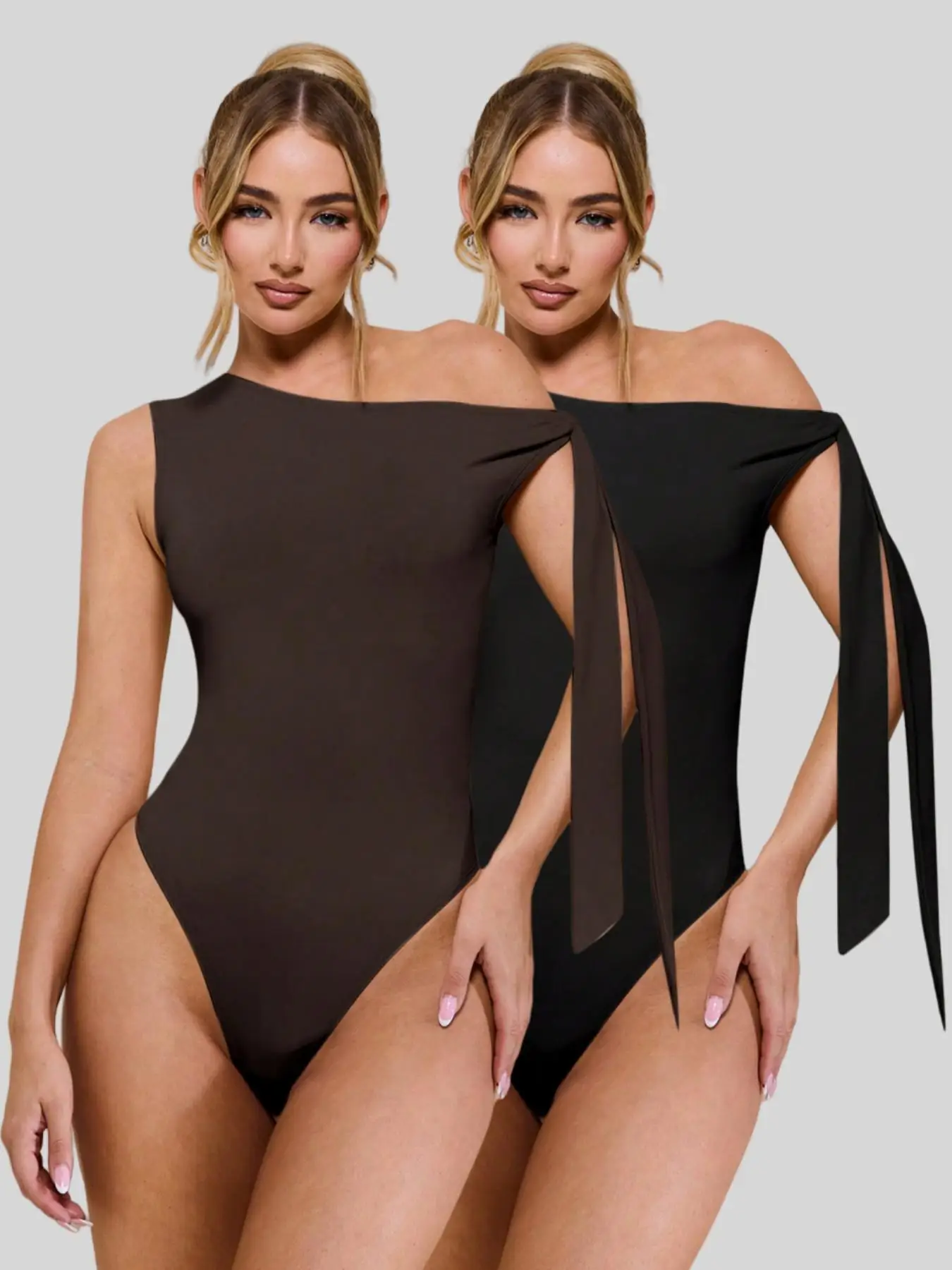 

A two-piece set of fashionable and trendy irregular off-the-shoulder tight-fitting clothes