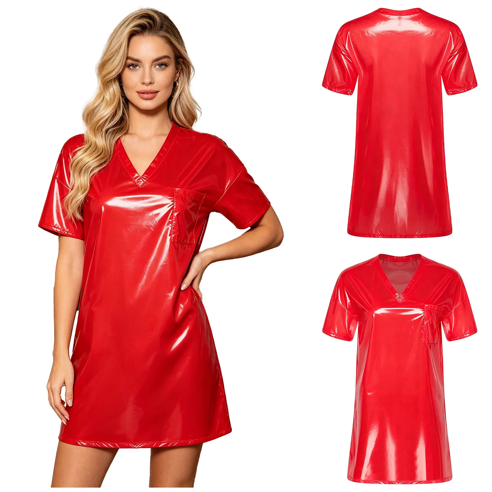 Image of Wasserdichtes Damen-Schlafkleid mit V-Ausschnitt, kurzen Ärmeln, seitlichem Schlitz, lockeres Minikleid, übergroßes T-Shirt für Bademode, Wasser-Rave-Partys