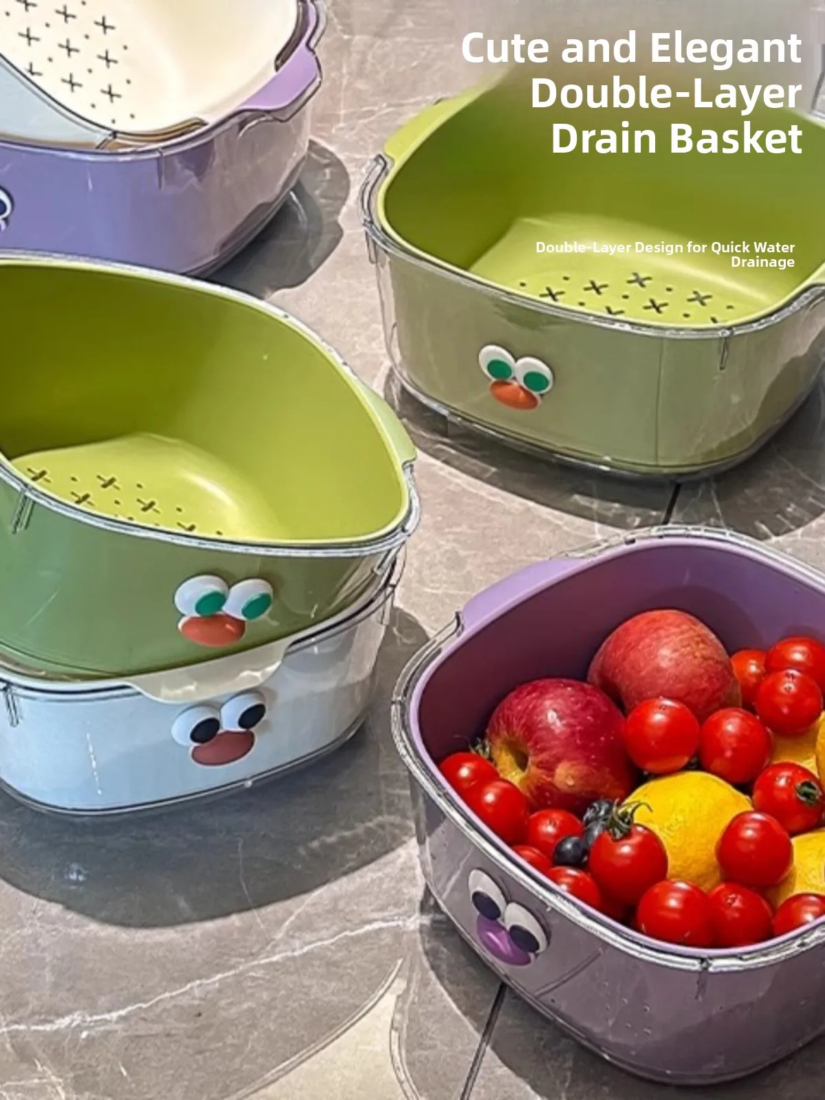 

ThIenedDual-lAYercute FruitDraining BasketWith Water FiltrationFunctionHome Use Fruit BasketAND RinLINeenVegageBASALT