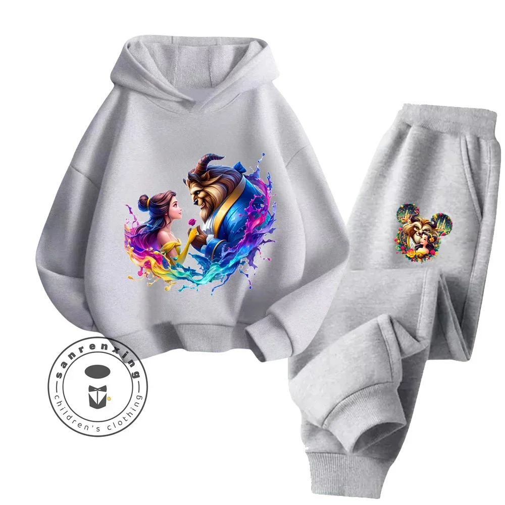 Comfy Chic Solid Color Spring Autumn Set Suitable for Kids Trendy Beauty and the Beast Disney Cartoon Playful Hoodie Tracksuit