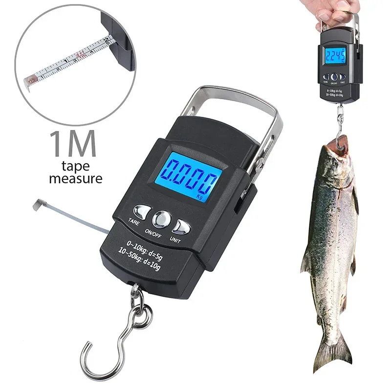 Fishing Scale 50kg Backlit LCD Screen Portable Electronic Balance Digital Fish Hook Hanging Scale with Measuring Tape Ruler