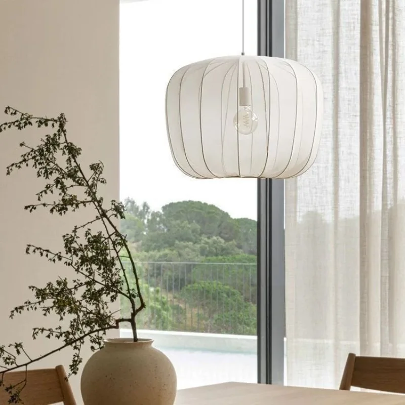 Nordic Fabric Pendant Lights White Pumpkin Shaped Living Room Bedroom Dining Kitchen Sleek Minimalist Neutral Home Decor Fixture
