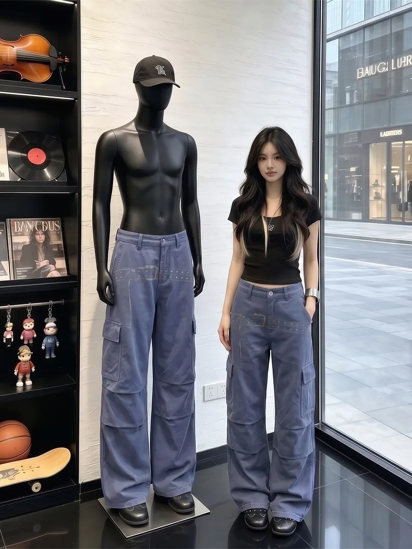 Retro American Washed Denim Jeans Belt Print Vintage Men's Wide Leg Straight Cut Workwear Trousers Loose Fit mid Waist Zipper