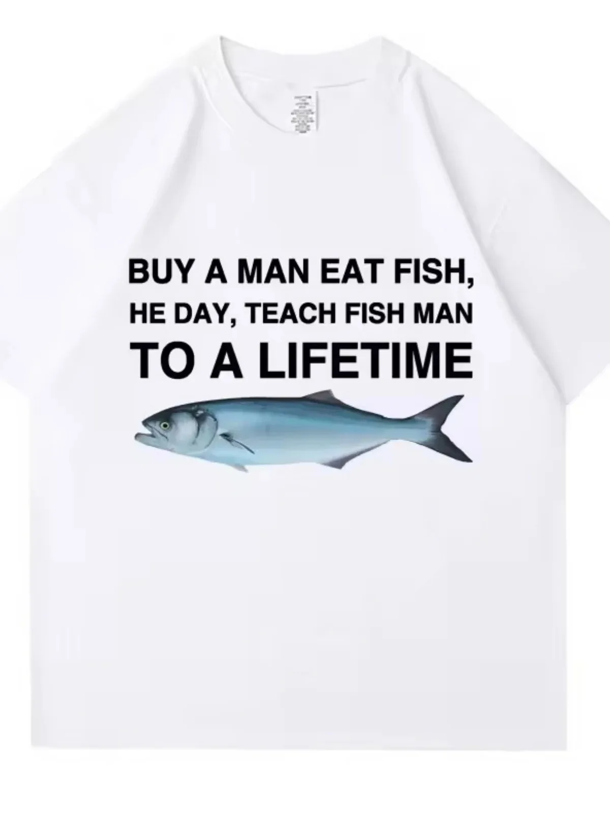 Tees Meme T-Shirt Unisex Mann essen Fisch Tag lehren Fisch Mann lebenslang lustig lässig Baumwolle T-Shirt Männer Frauen – Detail 8