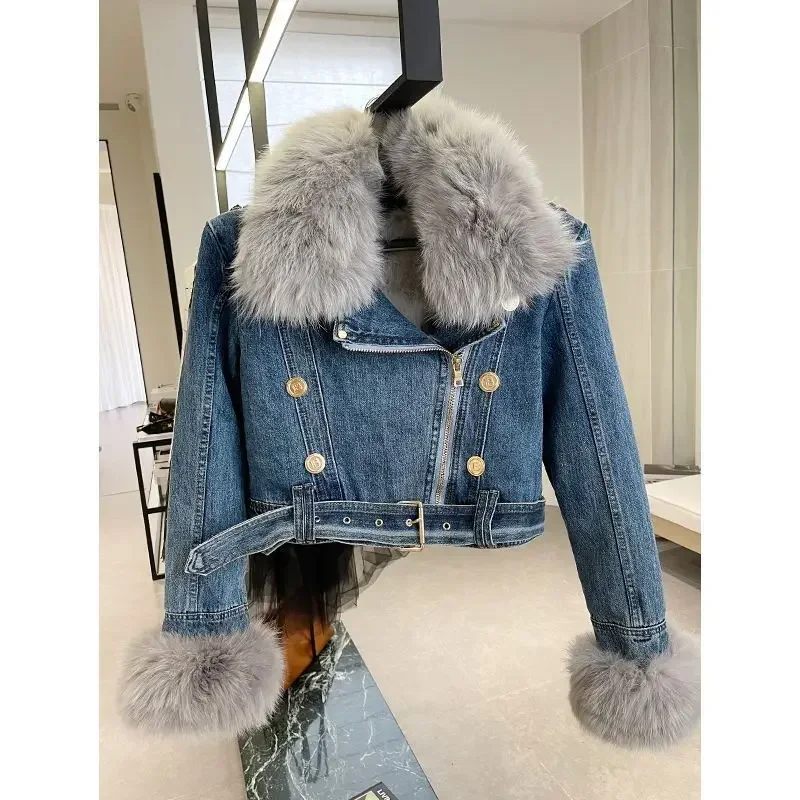 Denim Fur Long Sleeve Coat Women 2024 Winter Velvet Loose All-match Lace-up with Belt Jackets Korean Chic Lapel Female Parkas