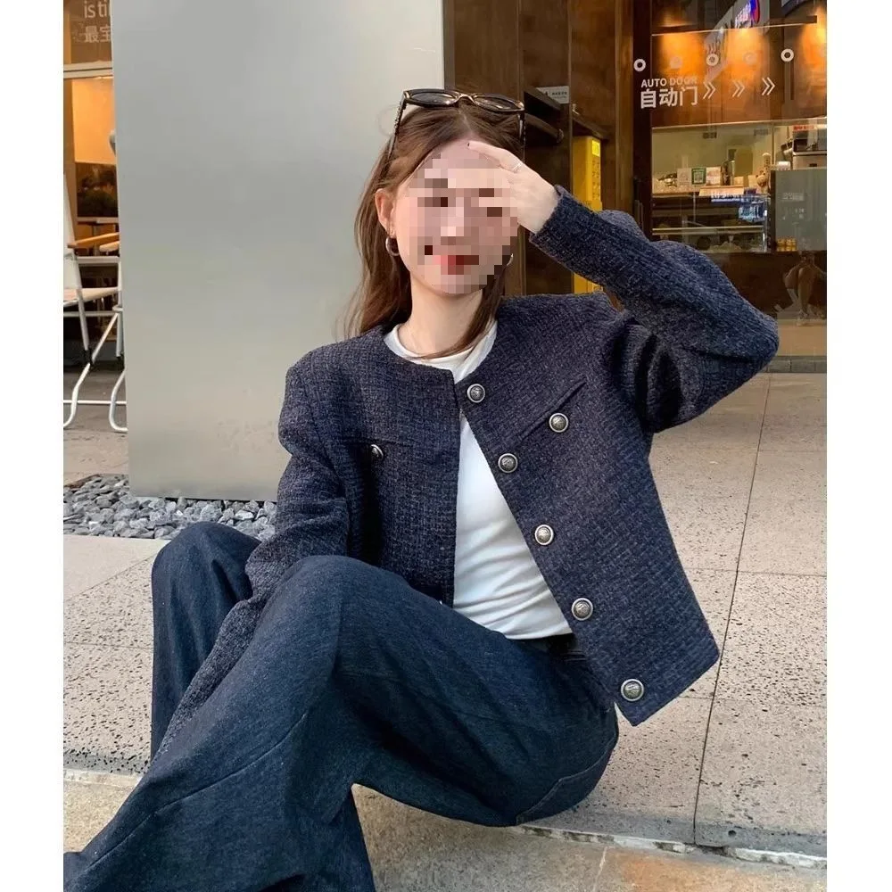 

Tweed Jacket Girl Womens Fall Tailored Minimalist Embroidery Botton Turn-Down Woven Cuffed Flannel Crop Pure Vintage Simple Lady