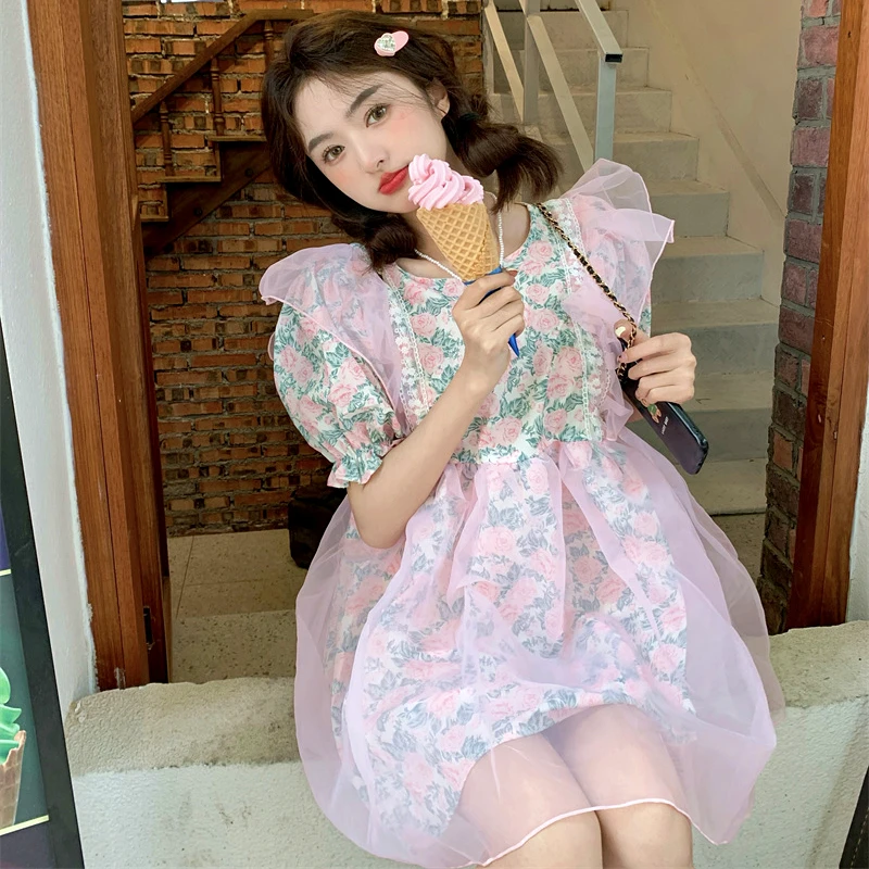 Korean Fashion Princess Dresses Women Floral Print Mesh Ruffles Puff Sleeve Mini Dress Korean Girls Lovely Party Kawaii Clothes