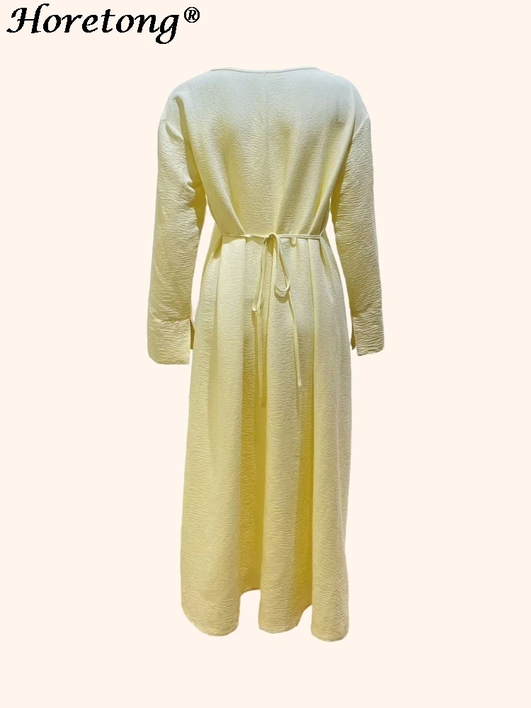 Horetong 2026 Summer Muslim Abaya Women Dress Yellow O-Neck Flare Long Sleeve A-Line Modest Islamic Holiday Casual Maxi Dresses